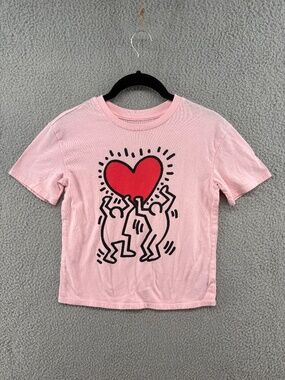 Keith Haring Girls Pink Heart Dancing Figures Graphic Tee Size 6/7